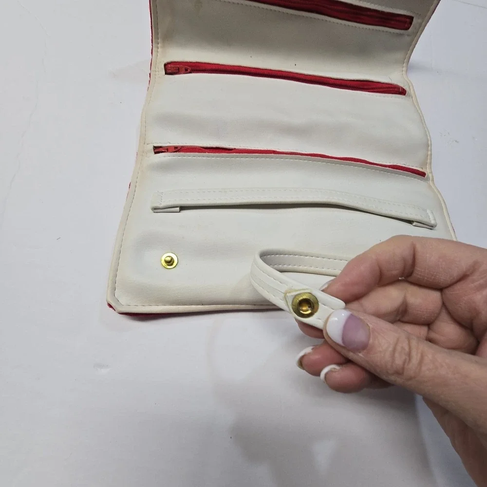 Vintage 80s Rolfs Red Velvet Leather? Womens Travel Jewelry Case Roll Up Folding